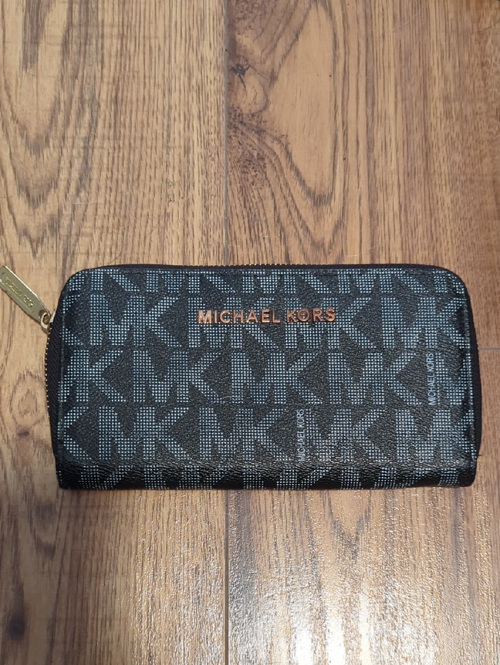 Michael Kors Black and Gray Signature MK Zip Wallet
